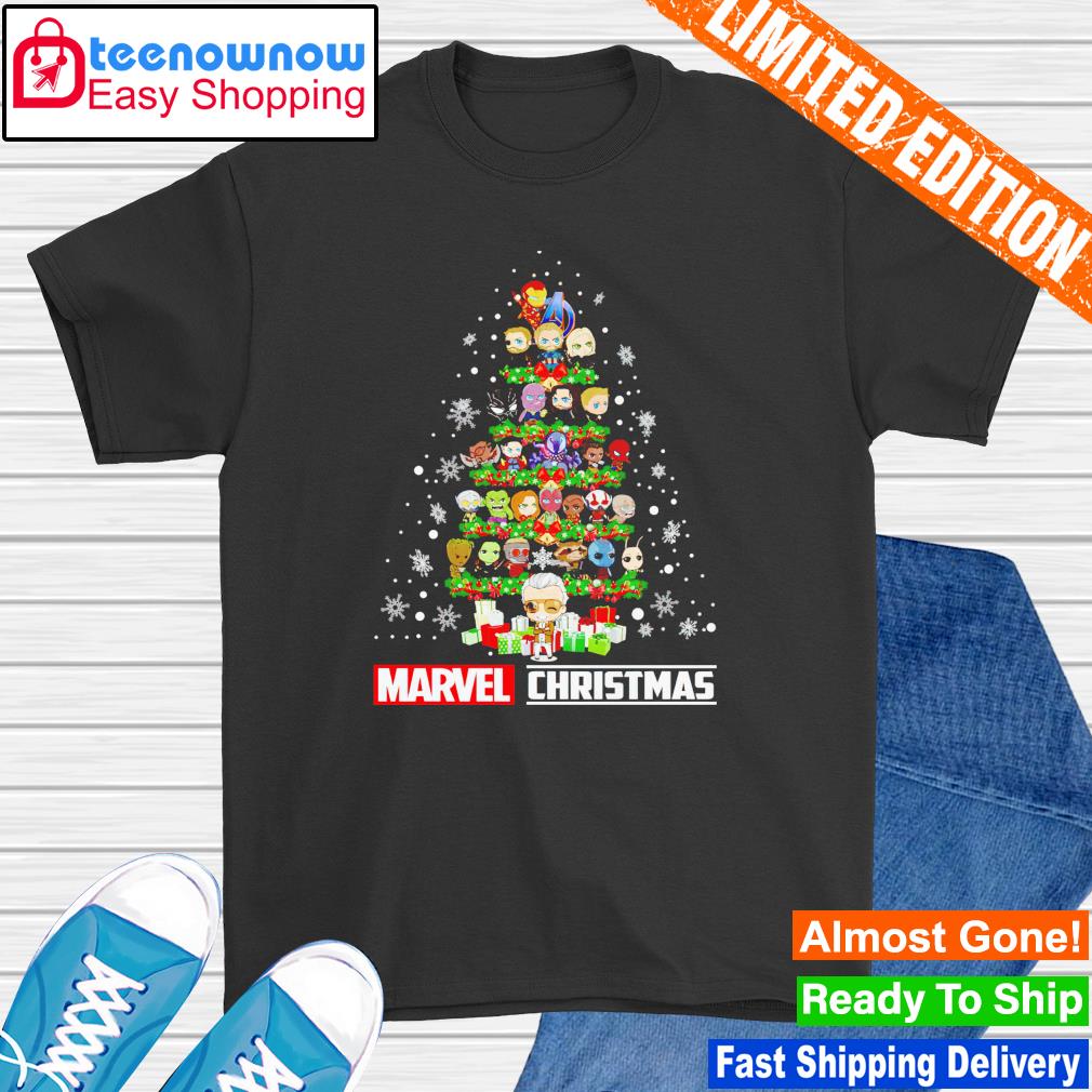 Marvel Studios Avengers characters chibi tree Christmas shirt