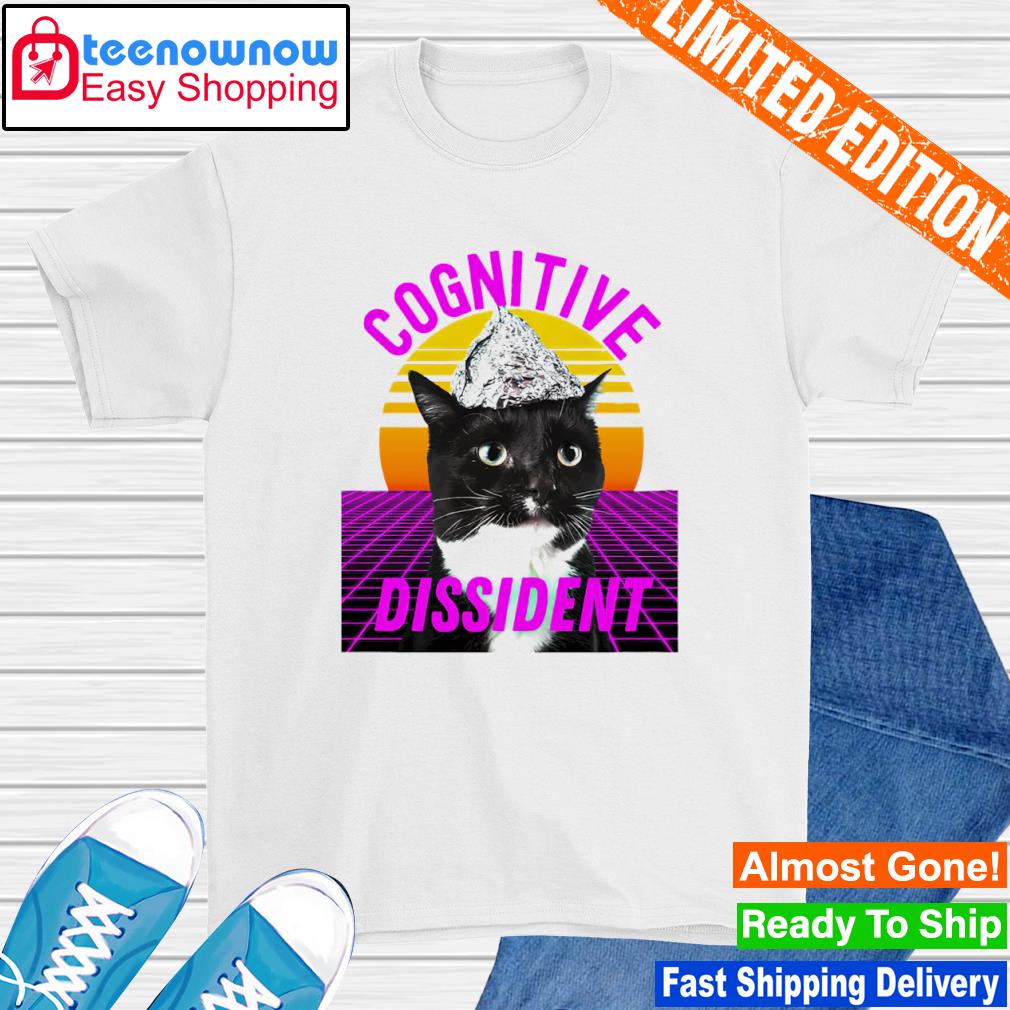 Cognitive Dissident Tinfoil Hat Conspiracy Cat Vaporwave Sunset shirt