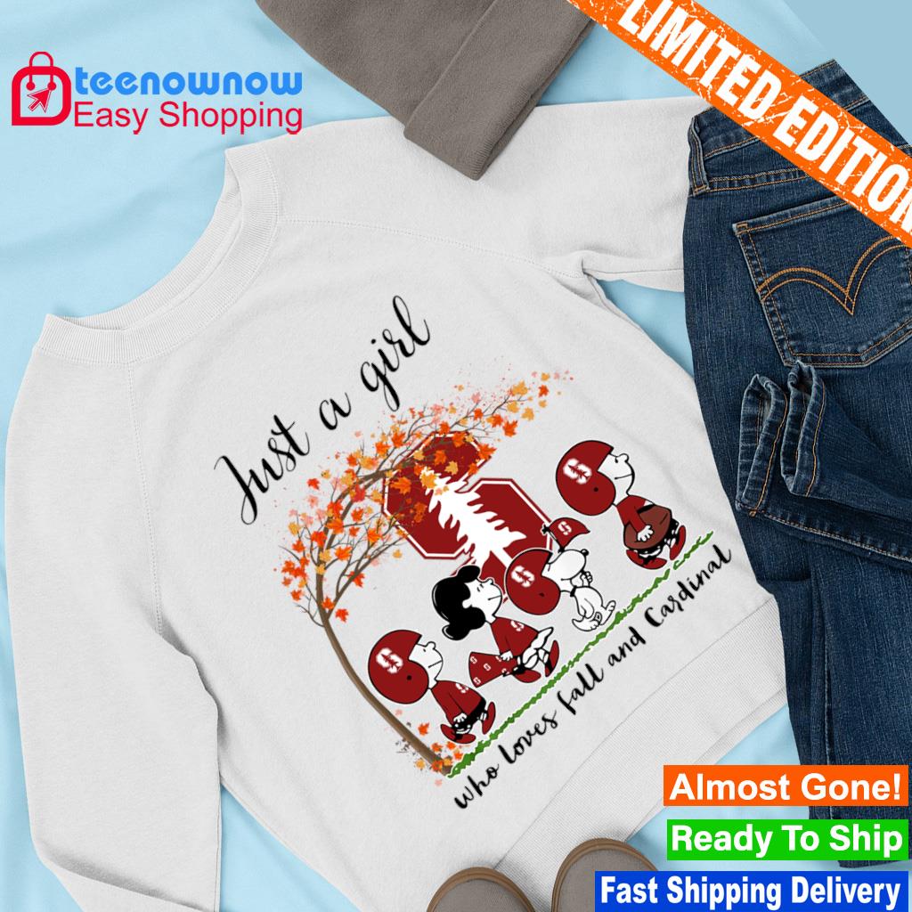 Just A Woman Who Loves Fall And Stanford Cardinal Peanuts Cartoon T-shirt